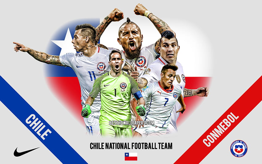 Şili Milli Futbol Takımı, takım liderleri, CONMEBOL, Şili, Güney Amerika, futbol, ​​logo, amblem, Alexis Sanchеz, Arturo Vidal, Gary Medel, 2880x1800 çözünürlüklü. Yüksek kalite HD duvar kağıdı