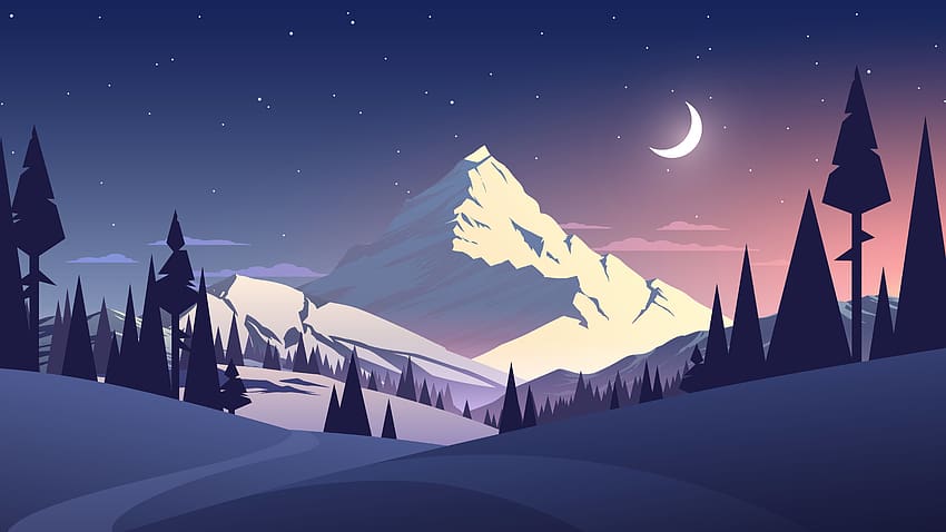 montaña nevada, noche, luna, árboles, campo de nieve, ilustración fondo de pantalla