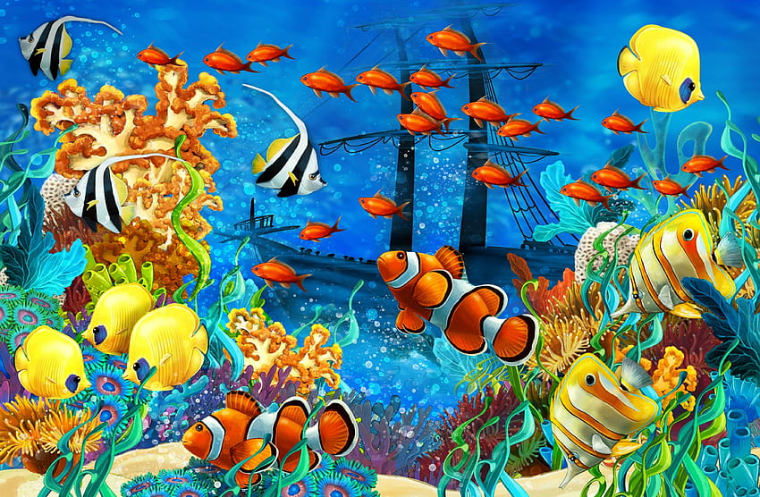 難破船 海 海底 魚 サンゴ 水中 海 熱帯 g 高画質の壁紙