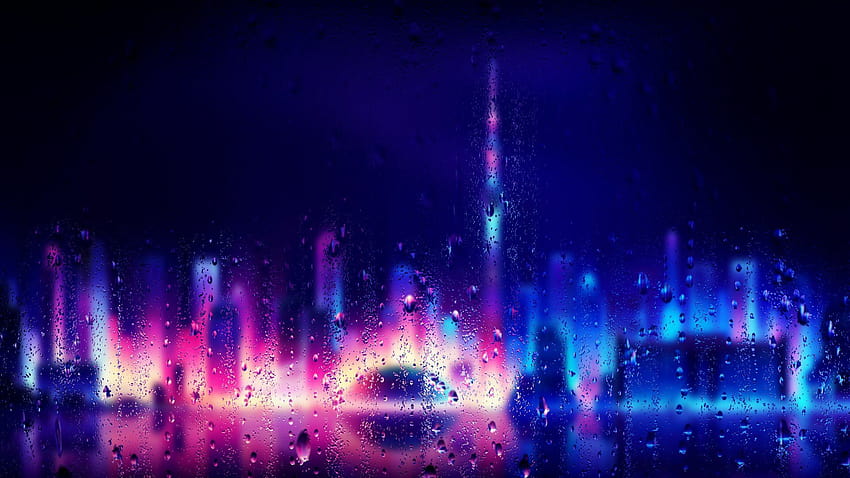 Gocce di pioggia della città al neon Sfondo HD
