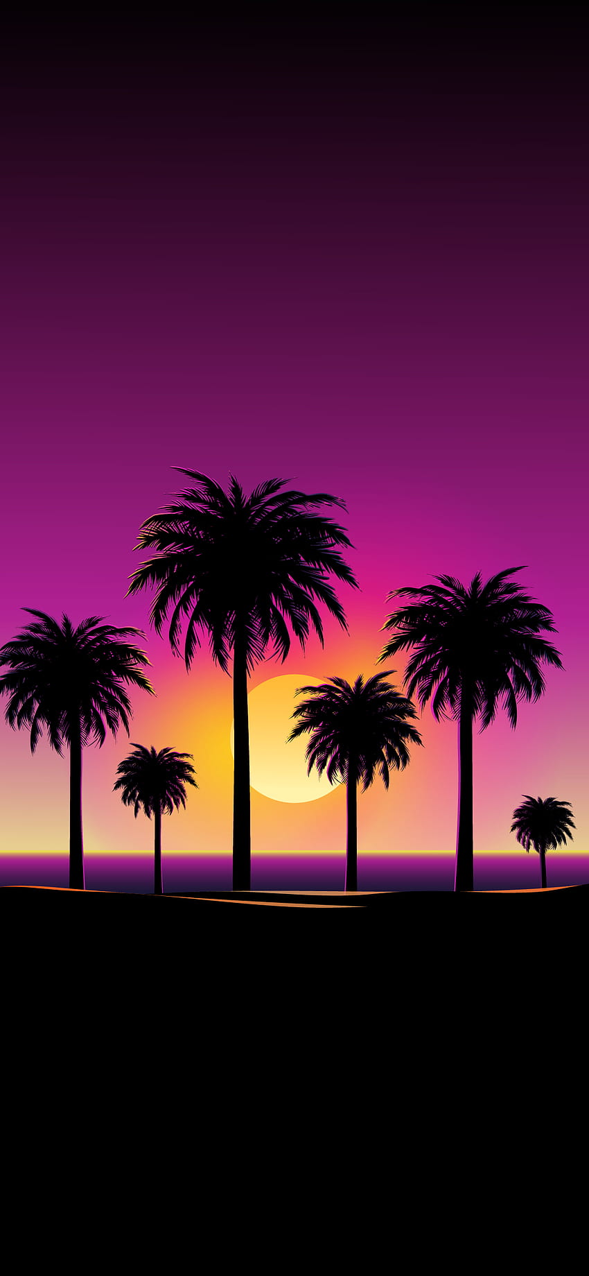 Puesta de sol en la playa con siluetas de palmeras, teléfono al atardecer fondo de pantalla del teléfono