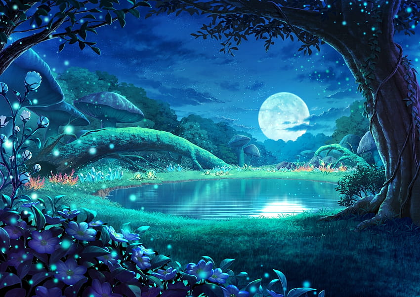 Bosque, Anime Paisaje, Luz de luna, Reflejo, Estrellas, Hongos, Noche, anime  de bosque nocturno fondo de pantalla | Pxfuel