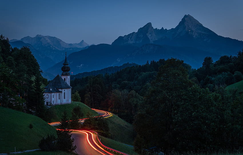 road, greens, forest, summer, trees, landscape, mountains, night, lights, hills, Germany, Bayern, lighting, highway, Church, architecture , section пейзажи, night mountain summer HD wallpaper