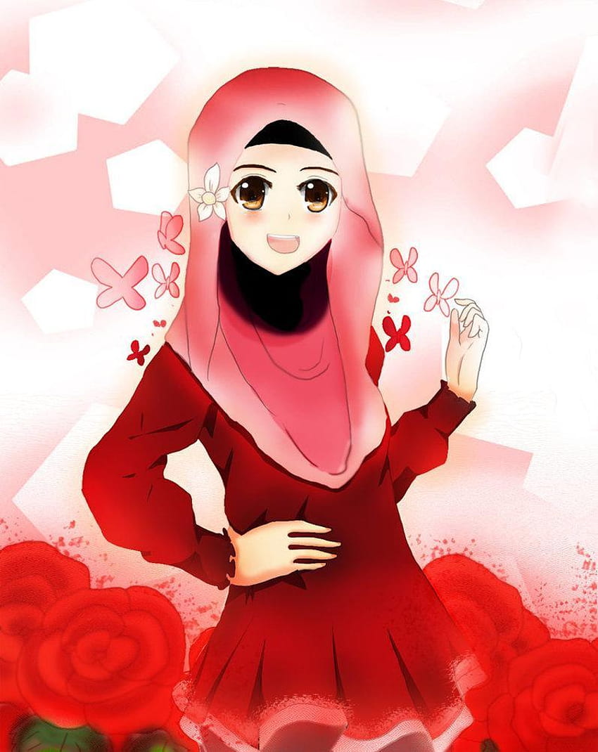 kartun gadis muslimah bersama keluarga wallpaper ponsel HD