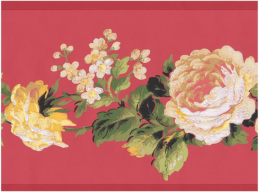 つるの赤い花のボーダーのレトロなデザインの白い黄色い花、ロール 15' x 7'' 高画質の壁紙