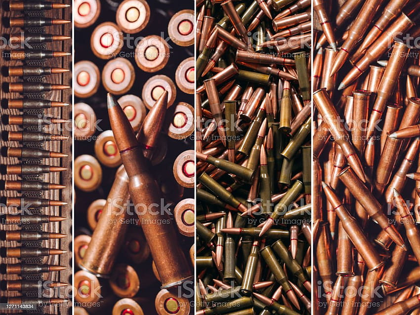 Collage de munitions de chasse ou militaires de différents types de stocks d'armes à feu Fond d'écran HD