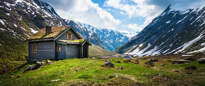 Valley House , Wooden House, Cabin, Glacier Mountains, Nature HD wallpaper