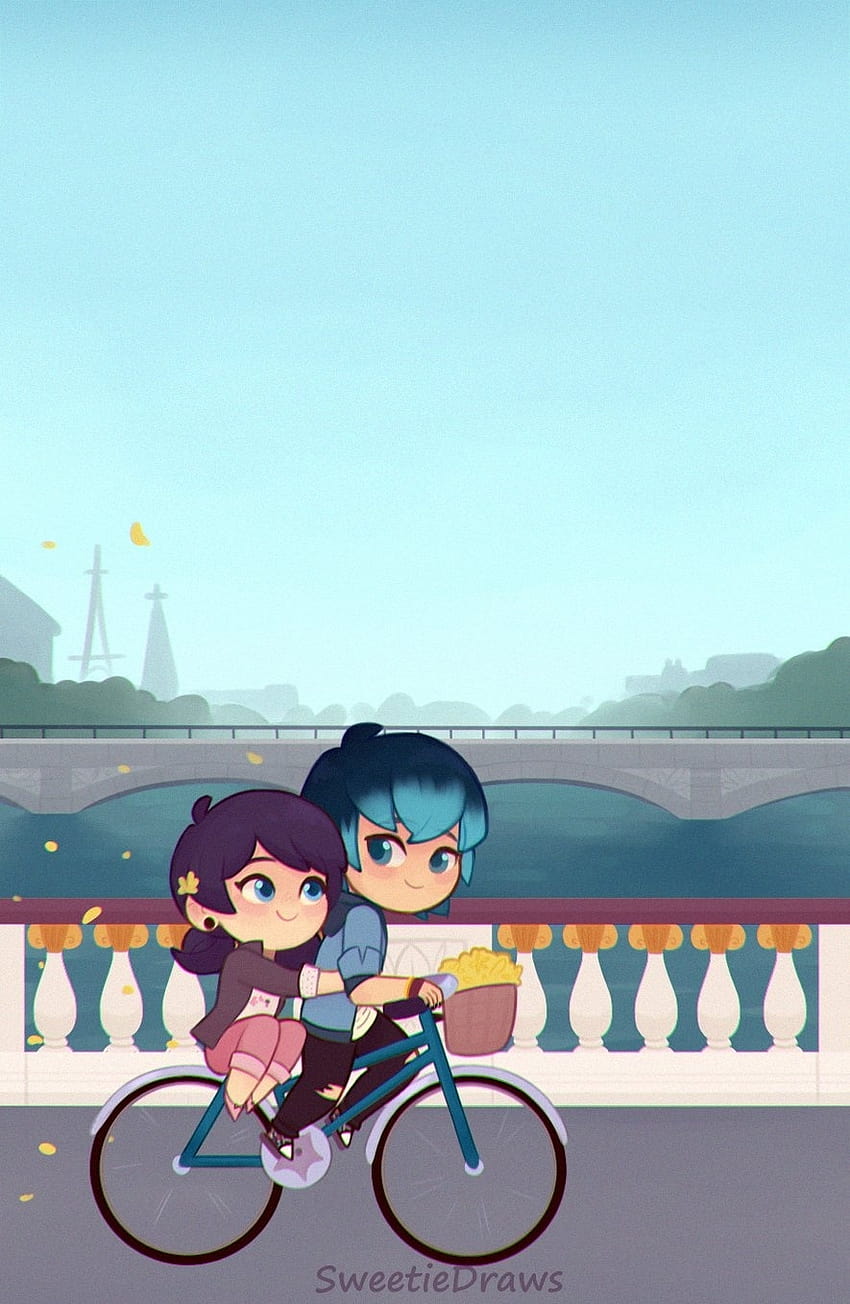 Supet cute phone with Cat Blanc, Marinette and Luka on bike, and Kagami and Adrien, miraculous ladybug phone HD phone wallpaper