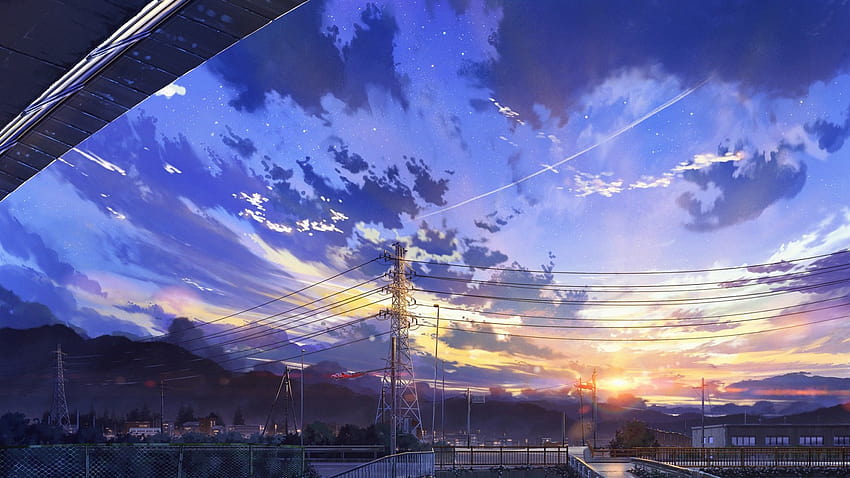 1600x900 Anime Landschaft, Landschaft, Wolken, Sterne, Gebäude HD-Hintergrundbild
