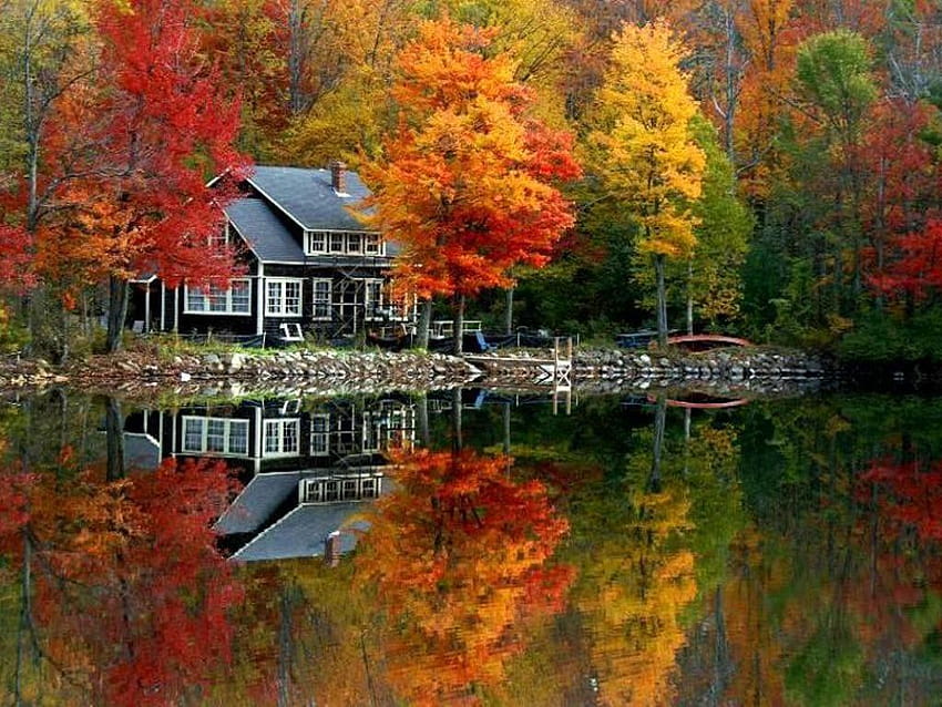 Los colores del otoño embellecen las casas modernas y el paisaje en todo el lago de hojas caídas fondo de pantalla