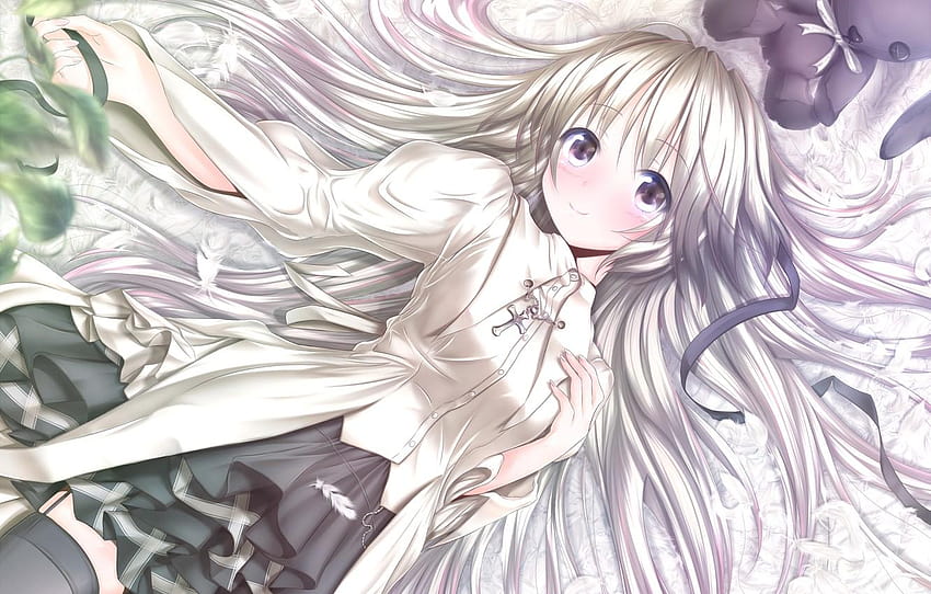 look, smile, toy, rabbit, dress, Anime, long hair, silver haired anime HD wallpaper look, smile, toy, rabbit, dress, Anime, long hair, silver haired anime HD wallpaper