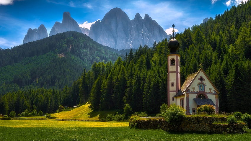 Santa Maddalena, Italy, Dolomites, mountains, trees, church 1920x1200 , dolomites italy mountains HD wallpaper