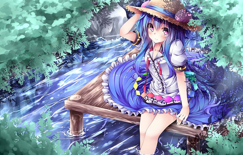 summer, water, girl, nature, hat, dress, Anime, long hair, blonde hair, violet eyes , section прочее HD wallpaper
