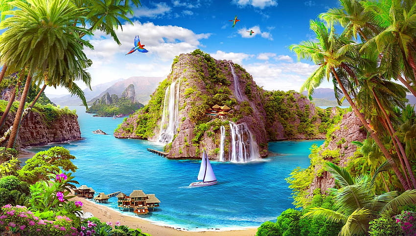 Paradise Fantasy, Wasserfallparadies HD-Hintergrundbild