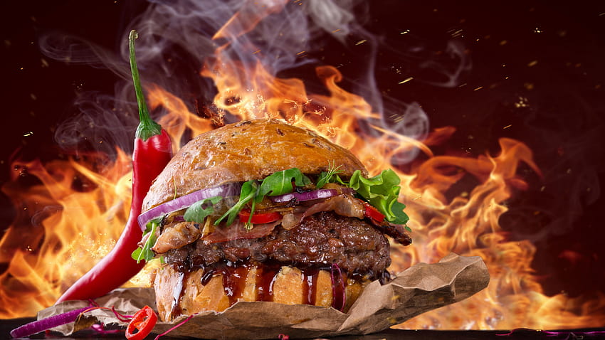 burger, steak, fire, fast food, pepper, Food HD wallpaper