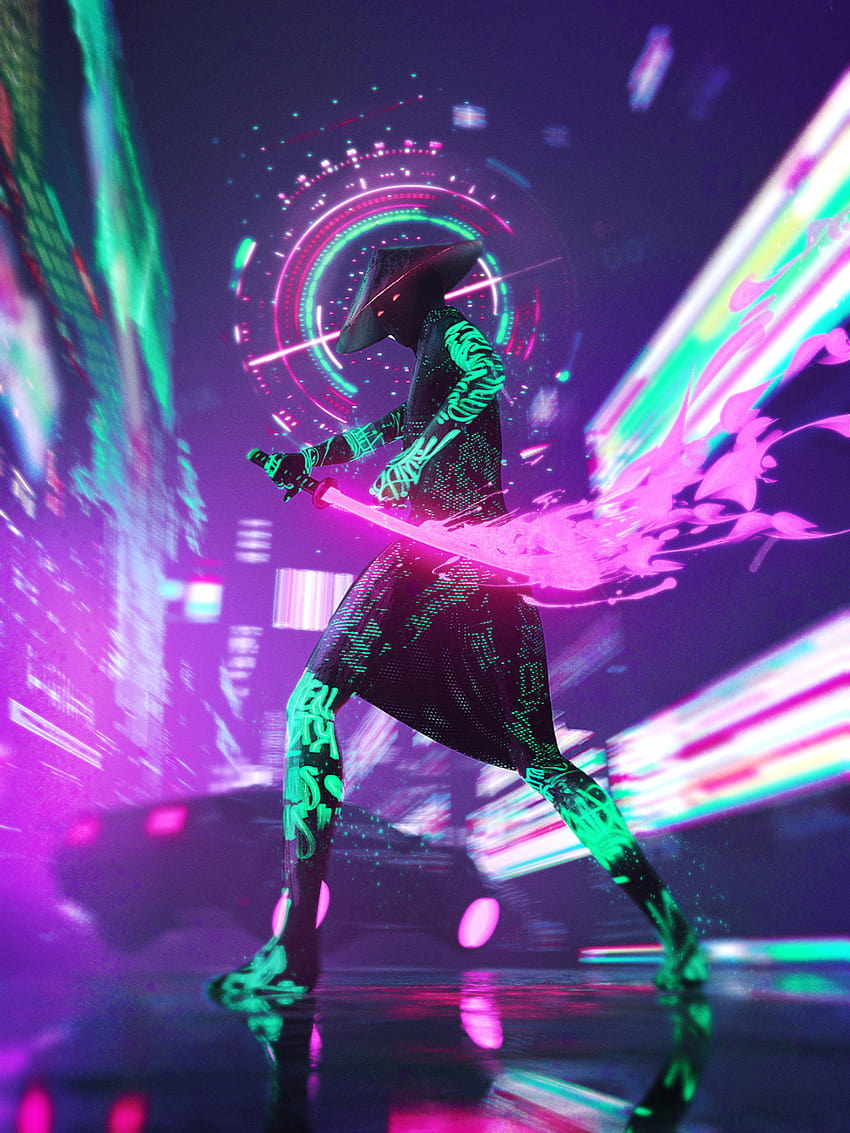 Neon 4D, cyberpunk néon chaton à capuchon Fond d'écran de téléphone HD