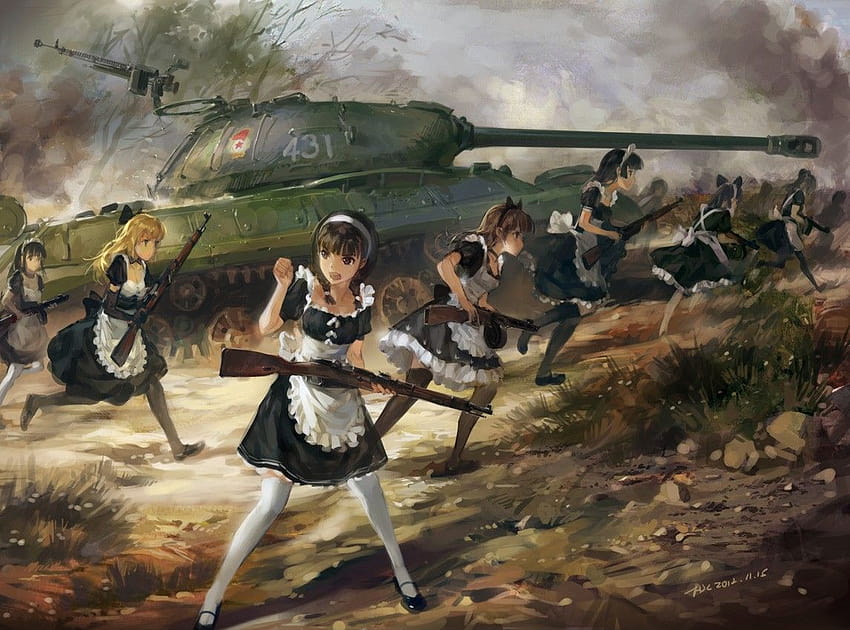 Französisches Dienstmädchen, Anime, Dienstmädchen-Outfit, Krieg, Dienstmädchen, Fantasy-Kunst, IS 3, Panzer, Anime-Mädchen / und Handy-Hintergründe, französische Anime-Mädchen HD-Hintergrundbild