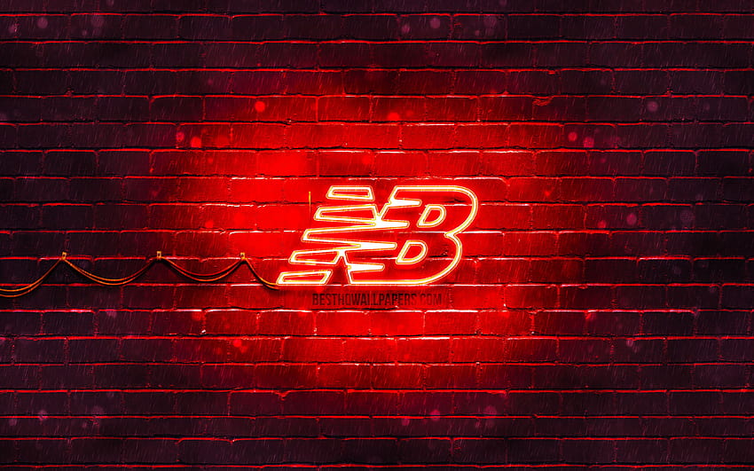 New Balance red logo, red brickwall, New Balance logo, brands, New Balance neon logo, New Balance with resolution 3840x2400. High Quality HD wallpaper