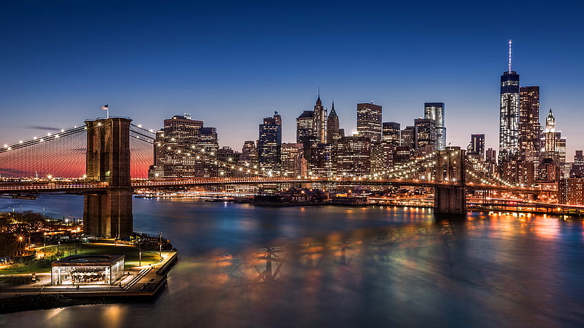 Manhattan New York City USA Brooklyn Bridge Bridges, most brooklyński nocny pejzaż miejski Tapeta HD