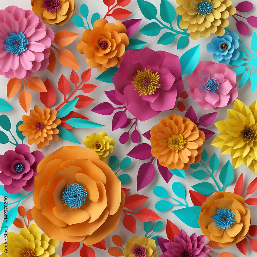3d render, digital illustration, colorful paper flowers , spring summer background, floral bouquet isolated on white, vibrant colors, mint pink orange yellow Stock Illustration, orange spring flowers HD phone wallpaper