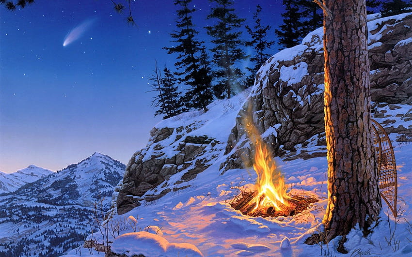 darrel bush, Paintings, Artistic, Landscapes, Mountains, Winter, Snow, Fire, Flames, Scenic, Nature, Trees, Forests / and Mobile Backgrounds, scenic winter HD wallpaper
