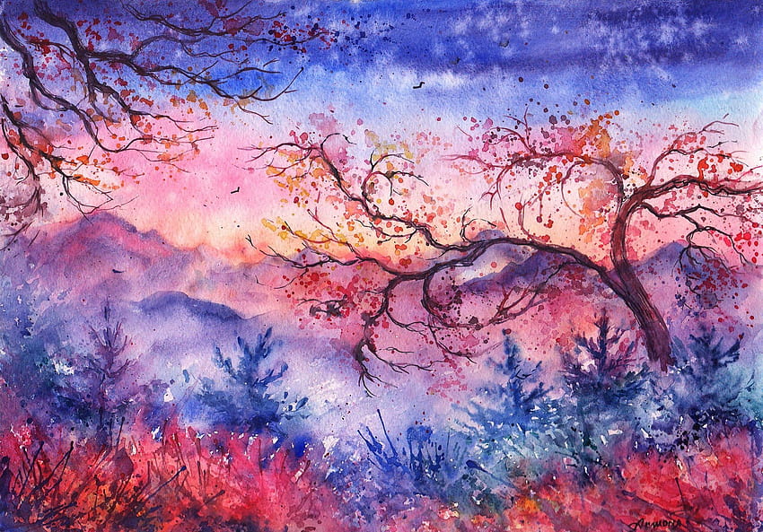 sunset, Mountains, Trees, Christmas, Trees, Birds, Foliage, Watercolor, Evening, Painted, Landscape / and Mobile Backgrounds, christmas paint HD wallpaper