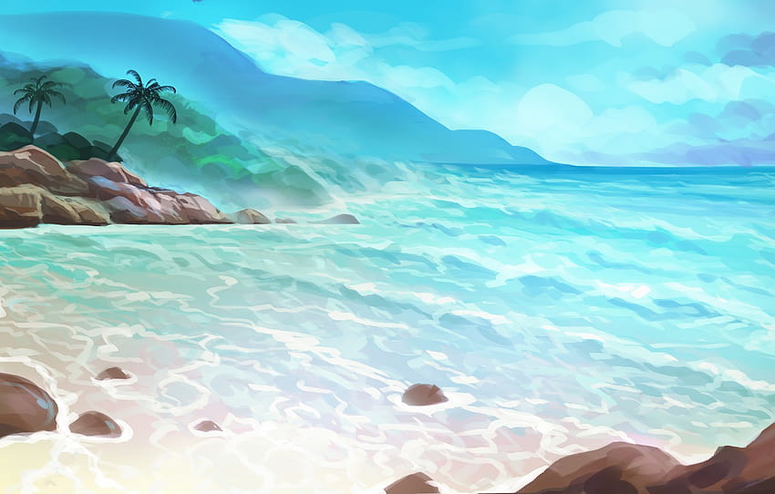 sea, summer, palm trees, island, art, painted landscape , section разное, island painting HD wallpaper
