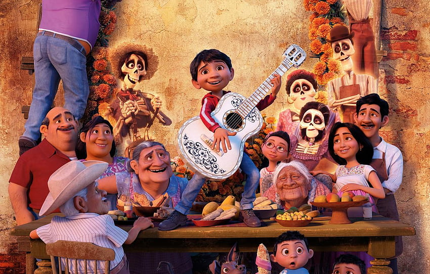 table, people, cartoon, guitar, boy, fantasy ..., pixar thanksgiving HD wallpaper