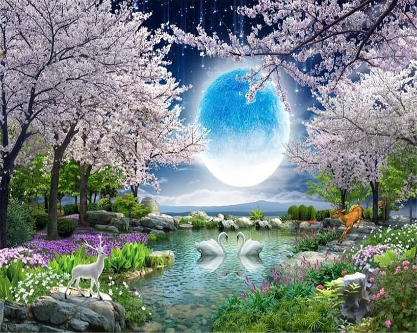CUSTOM Cherry Blossom Tree แสงจันทร์ฉากกลางคืนจิตรกรรมฝาผนังสัตว์ Lake น้ำจิตรกรรมฝาผนังตกแต่งบ้านป่า 3D,Moonlit Night วอลล์เปเปอร์ HD