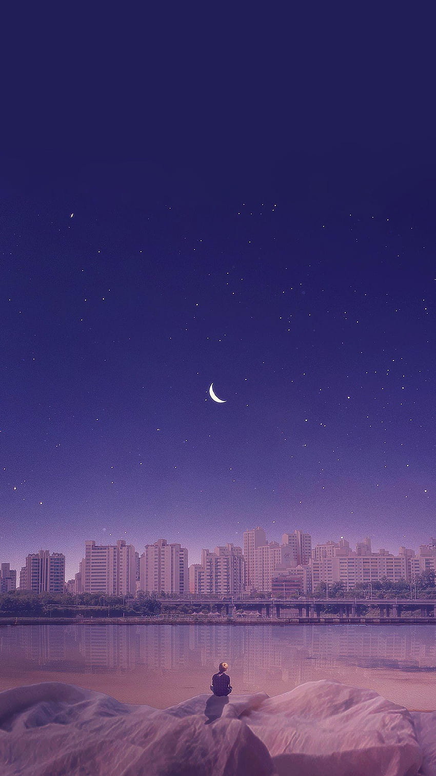 Самотно момче гледа ярката луна и нощния град през 2019 г., самотно аниме момче HD тапет за телефон