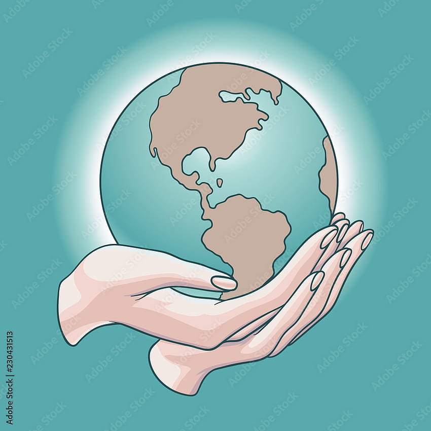 Two hands holding the planet Earth. Flat cartoon vector illustration on a  blue background. Can be
