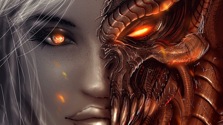 Sztuka fantasy, Kobiety, Anioł, Demon, Twarz, Oczy, Diablo III, Gry wideo, Zbliżenie / i mobilne tła, angel demon Tapeta HD