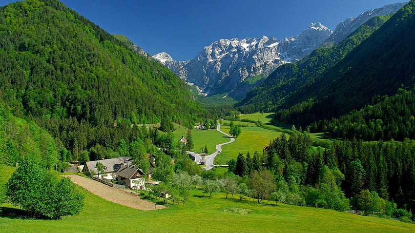Landschaft, Dorf, Hügel, Berge, Bäume, Haarnadelkurven, Alpen, slowenien HD-Hintergrundbild
