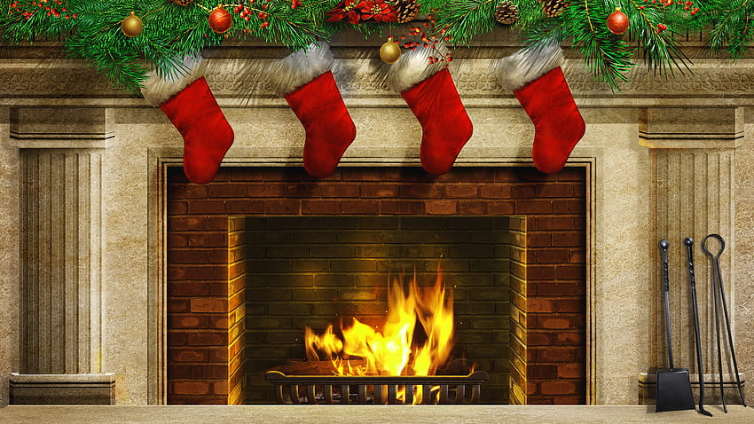 Christmas Fireplace and Christmas Stockings Background​, christmas winter fireplace HD wallpaper