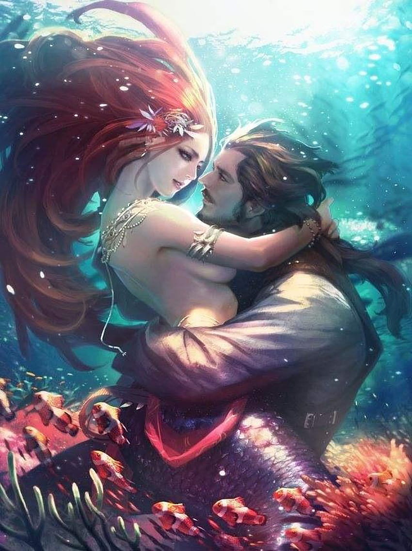 Fantasy mermaid man love couple sea ocean fish red hair HD phone wallpaper