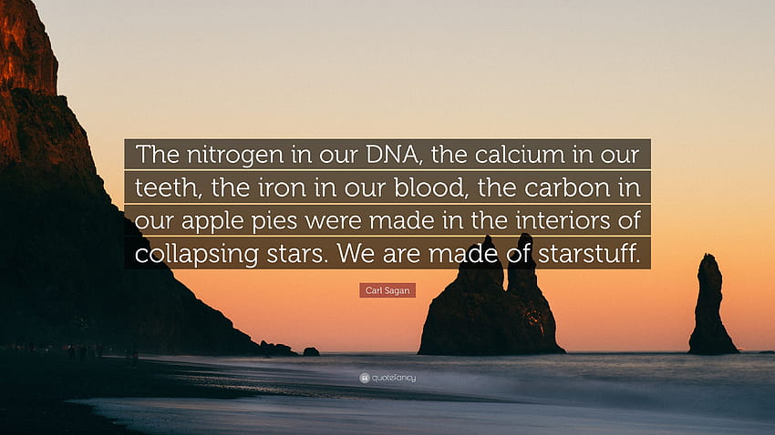 Zitat von Carl Sagan: „Der Stickstoff in unserer DNA, das Kalzium in unseren Zähnen, das Eisen in unserem Blut, der Kohlenstoff in unseren Apfelkuchen wurden in der …“ HD-Hintergrundbild