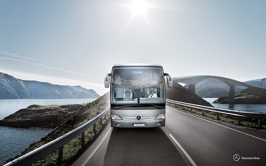Bus, mode de transport,transport,véhicule,route,véhicule utilitaire,voyage sur la route,voiture,chaîne de montagnes,autoroute,fjord,mercedes bus Fond d'écran HD