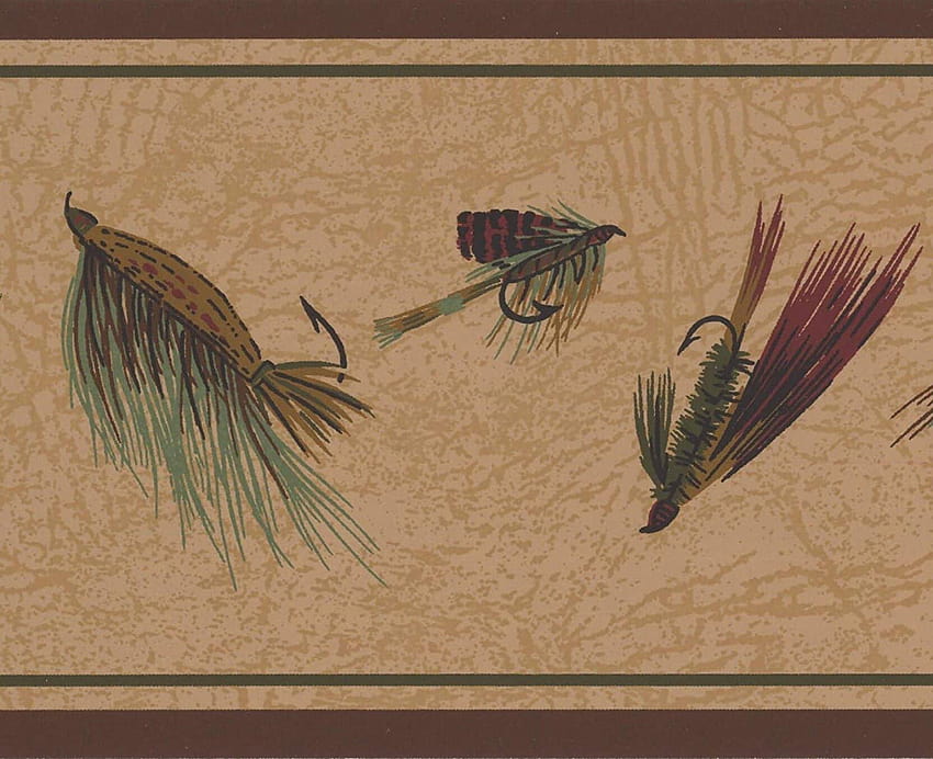 Anzóis de pesca multicoloridos borda marrom náutica design retrô, rolo 15' x 4,5'' papel de parede HD