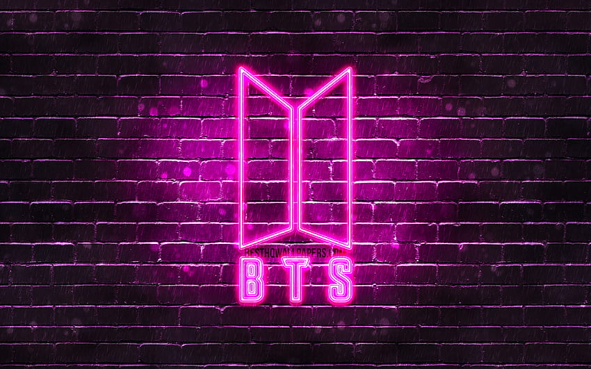 Лилаво лого на BTS, Bangtan Boys, лилава тухлена стена, лого на BTS, корейска група, неоново лого на BTS, BTS с разделителна способност 3840x2400. Високо качество, jungkook лилаво HD тапет