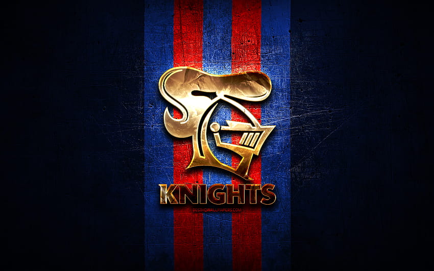 Newcastle Knights, golden logo, National Rugby League, blue metal background, australian rugby club, Newcastle Knights logo, rugby, NRL with resolution 2880x1800. High Quality HD wallpaper