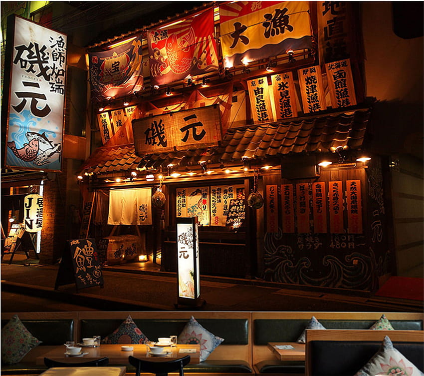 Японска кухня Суши Ресторант Уличен нощен пазар Сергия 3D стенопис Ретро индустриален декор Тапети 3D, ретро японска улица HD тапет