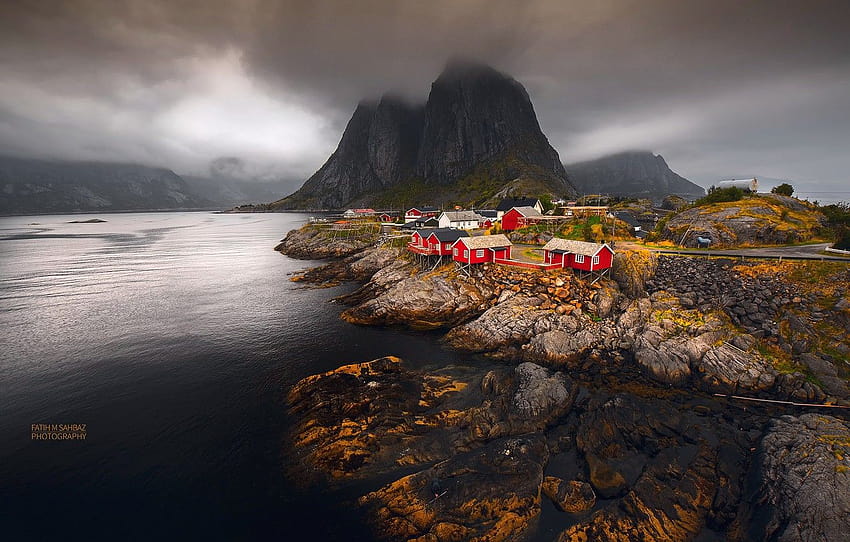 Sea, autumn, mountains, Norway, town, settlement, archipelago, The ...