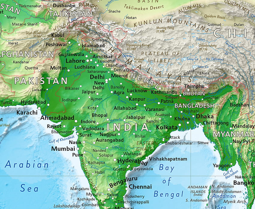 แผนที่โลก Wall Mural แผนที่ทางกายของอินเดีย วอลล์เปเปอร์ HD