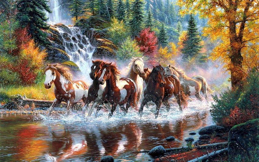 Коне тичат в реката, седем коня HD тапет