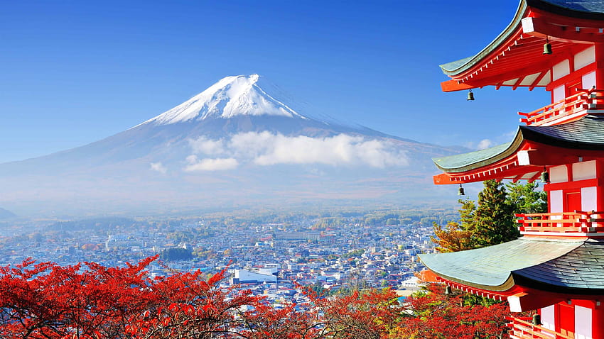 Kırmızı Bir Pagodadan Fuji Dağı'nın Görünümü, Tokyo U HD duvar kağıdı