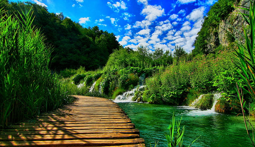 River: Waterfalls Landscape Nice Clouds Rivers Green Cool Nature, cool river HD wallpaper