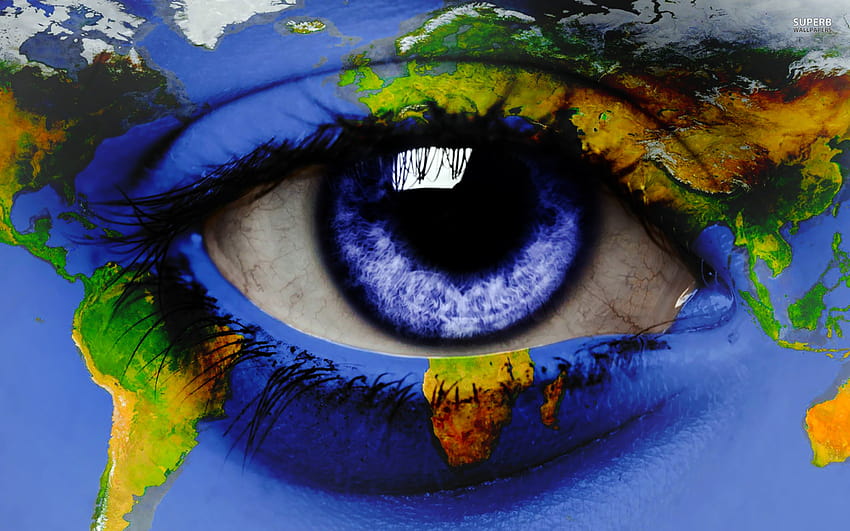 Augen, Wimpern, blaue Augen, digitale Kunst, Weltkarte, Kontinente, Nordamerika, Afrika, Südamerika, Europa, Asien, Australien / und mobile Hintergründe HD-Hintergrundbild