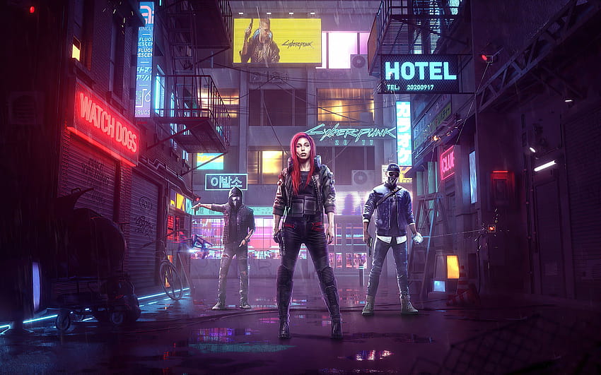 Cyberpunk 2077 , Watch Dogs, Crossover, Aiden Pearce, Marcus Holloway, Female V, Games, cyberpunk pc HD wallpaper