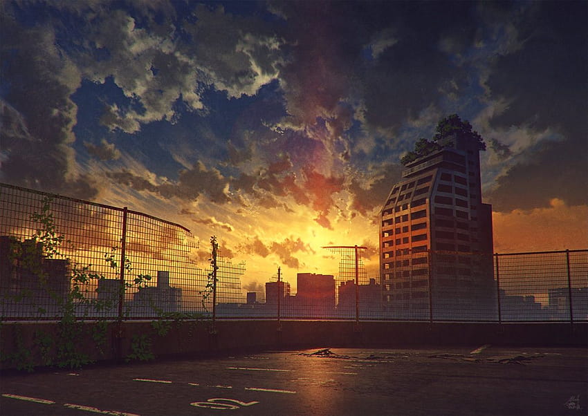 bina şehir bulutları karanlık mocha, çatıda gün batımı anime HD duvar kağıdı