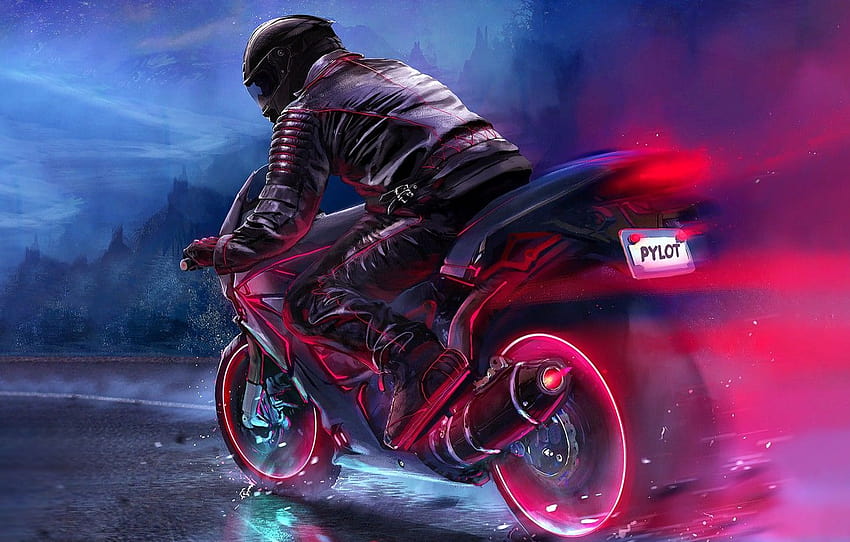 Road, Neon, Motorcycle, Moto, Art, Electronic, Biker, biker art HD wallpaper